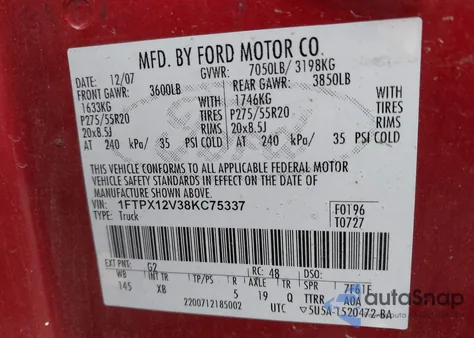 2008 Ford F-150 Fx2/Lariat/Xl/Xlt из США, поврежденный, VIN 1FTPX12V38KC75337